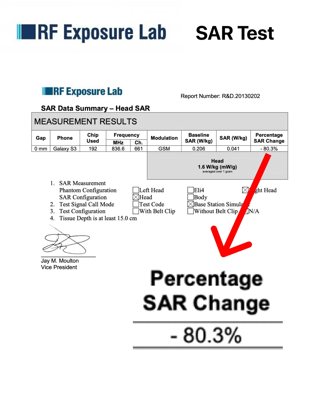 SAR Data Summary excerpt — Galaxy S3, Chip 192, head SAR test, -80.3% percentage SAR change, signed by Jay M. Moulton (VP, RF Exposure Lab)